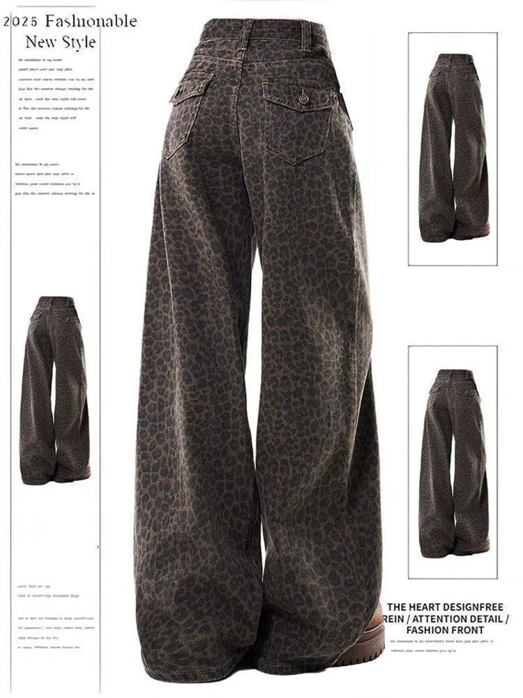 American style leopard pattern wide leg jeans women 2026 autumn new high waist droop feeling slim design straight casual pants
