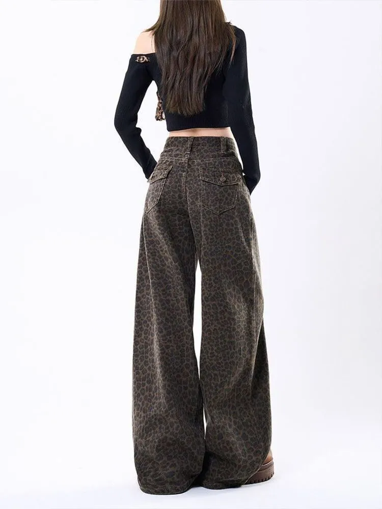 American style leopard pattern wide leg jeans women 2026 autumn new high waist droop feeling slim design straight casual pants – image 3