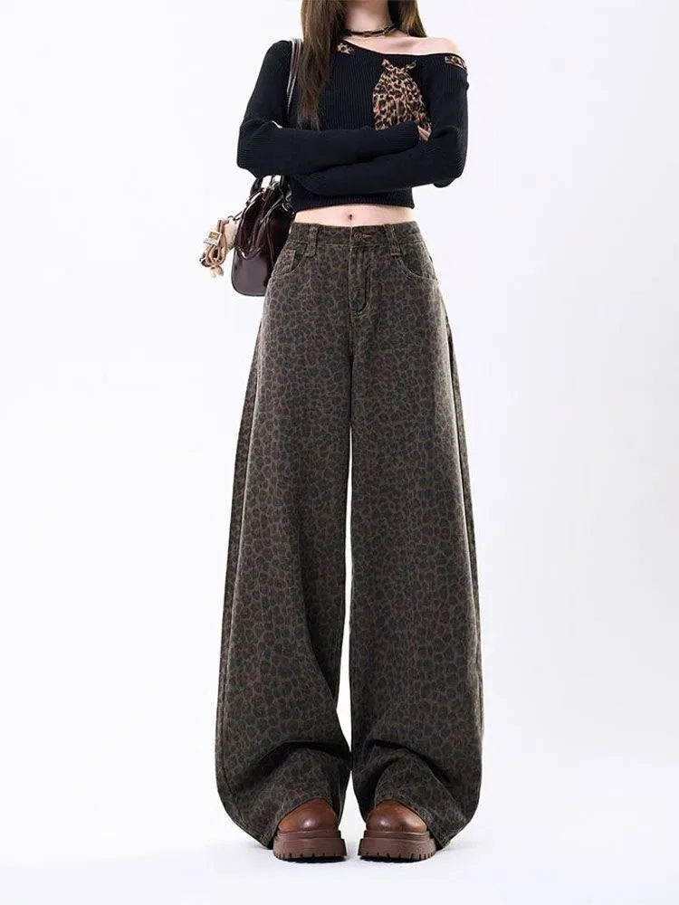 American style leopard pattern wide leg jeans women 2026 autumn new high waist droop feeling slim design straight casual pants – image 4