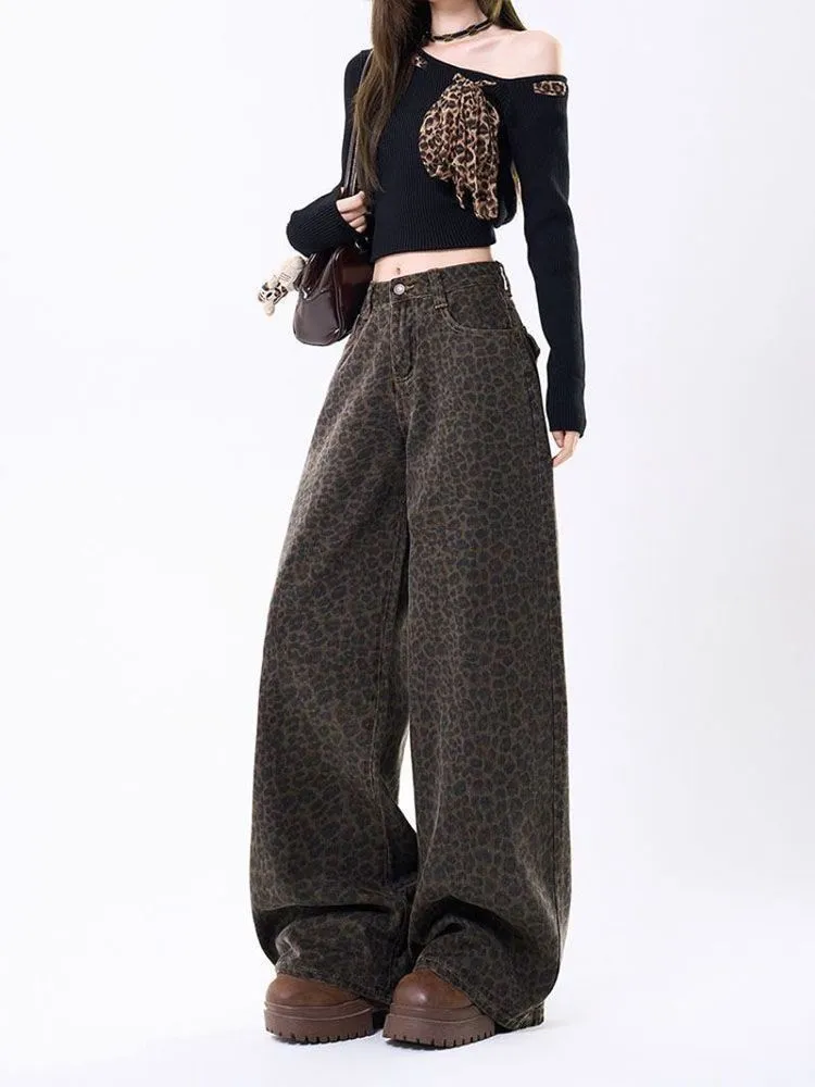 American style leopard pattern wide leg jeans women 2026 autumn new high waist droop feeling slim design straight casual pants – image 5