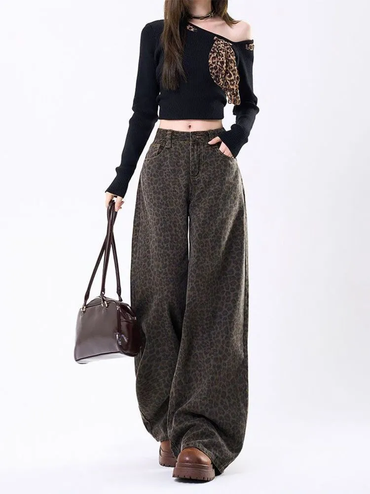 American style leopard pattern wide leg jeans women 2026 autumn new high waist droop feeling slim design straight casual pants – image 6