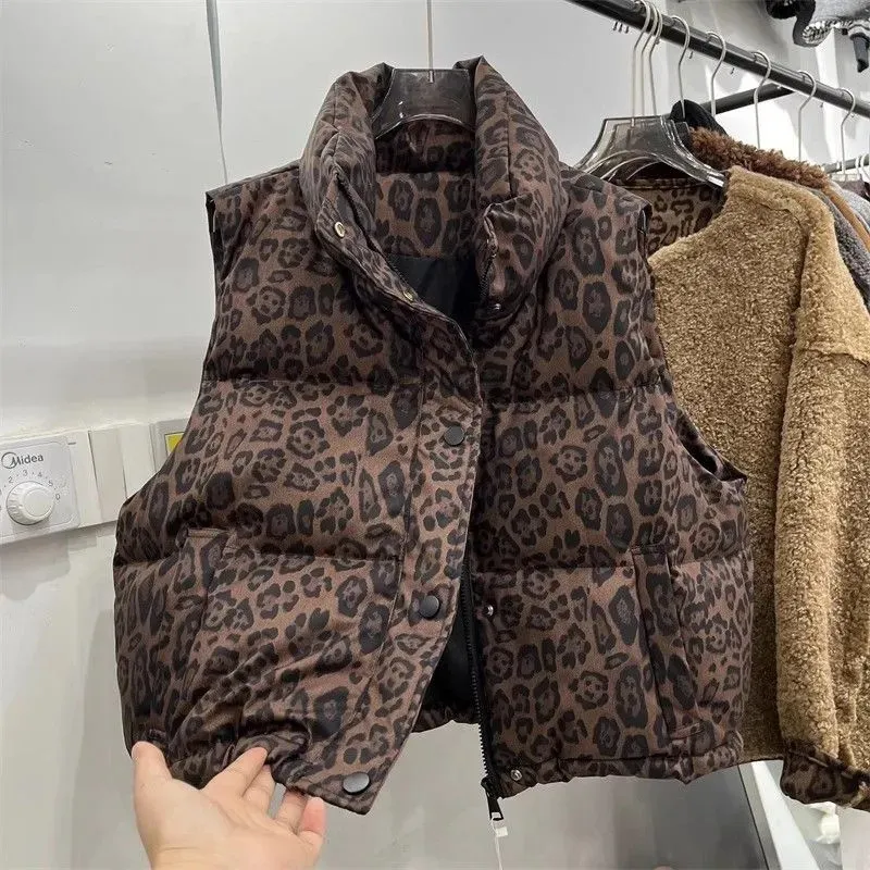Winter New Down Cotton Vest Loose Short Stand Collar 2026 Leopard Coat Vest Cotton Cane Top – image 2