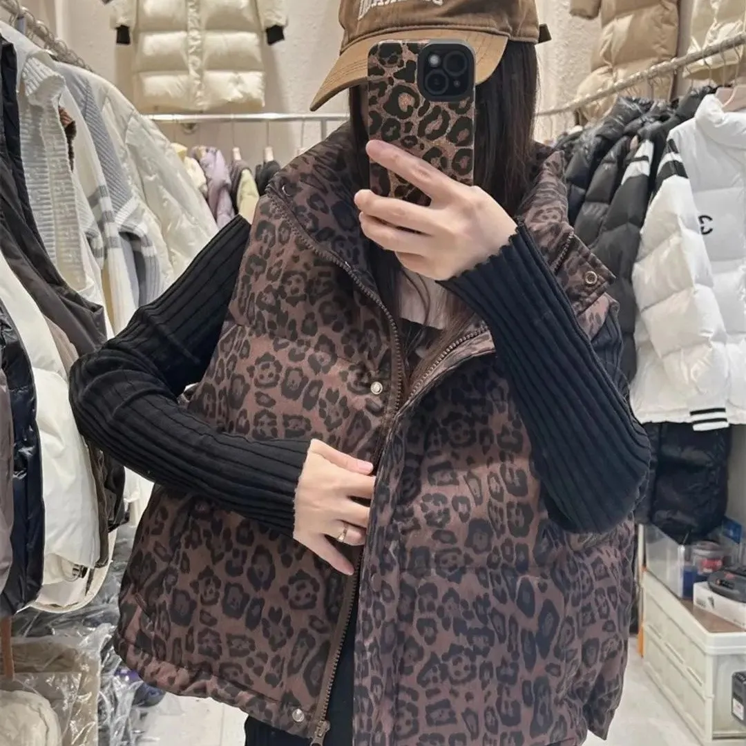 Winter New Down Cotton Vest Loose Short Stand Collar 2026 Leopard Coat Vest Cotton Cane Top – image 3