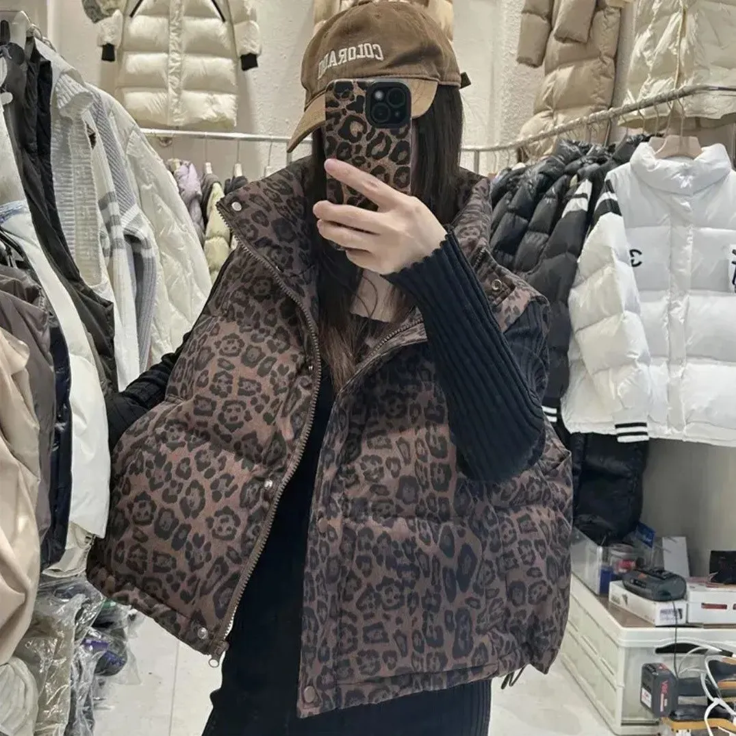 Winter New Down Cotton Vest Loose Short Stand Collar 2026 Leopard Coat Vest Cotton Cane Top – image 4