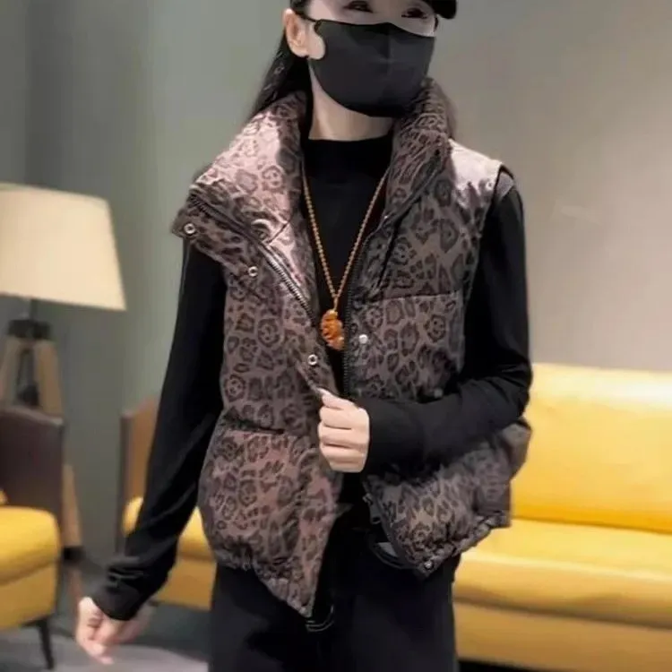 Winter New Down Cotton Vest Loose Short Stand Collar 2026 Leopard Coat Vest Cotton Cane Top – image 5