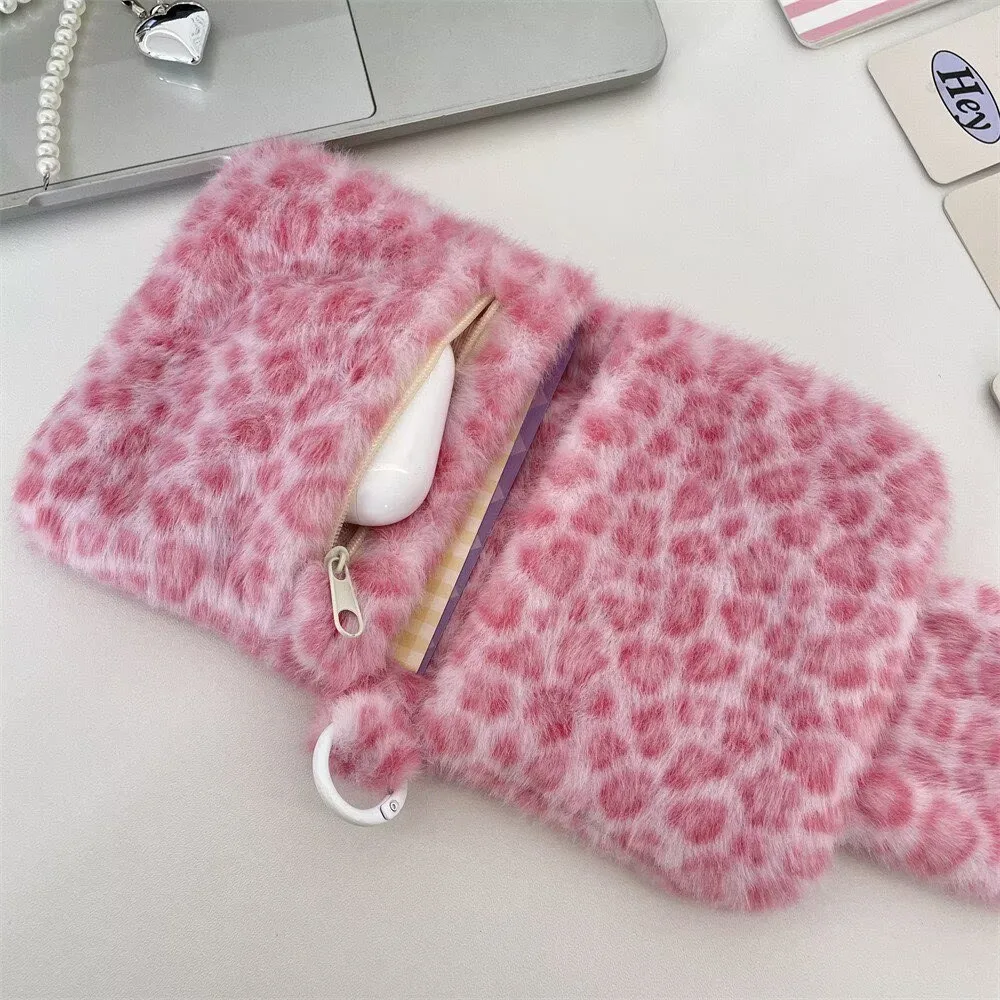 New Pink Leopard Change Bag Cute Sweet Blue Plush Large Capacity Carrying Case – image 6