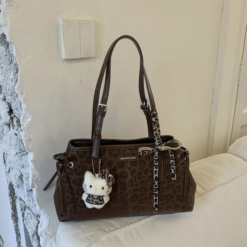Large capacity leopard fashion autumn winter vintage shoulder tote bag 2025 new commuter bow underarm women's bag