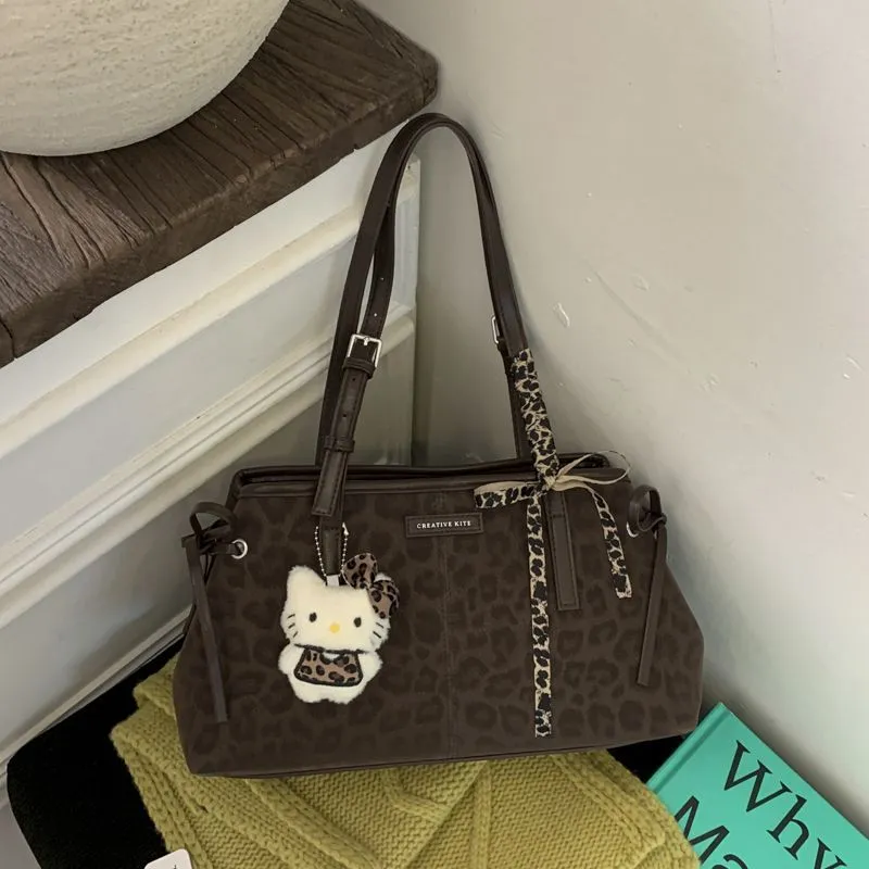 Large capacity leopard fashion autumn winter vintage shoulder tote bag 2025 new commuter bow underarm women's bag – image 3