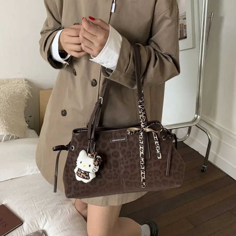 Large capacity leopard fashion autumn winter vintage shoulder tote bag 2025 new commuter bow underarm women's bag – image 5