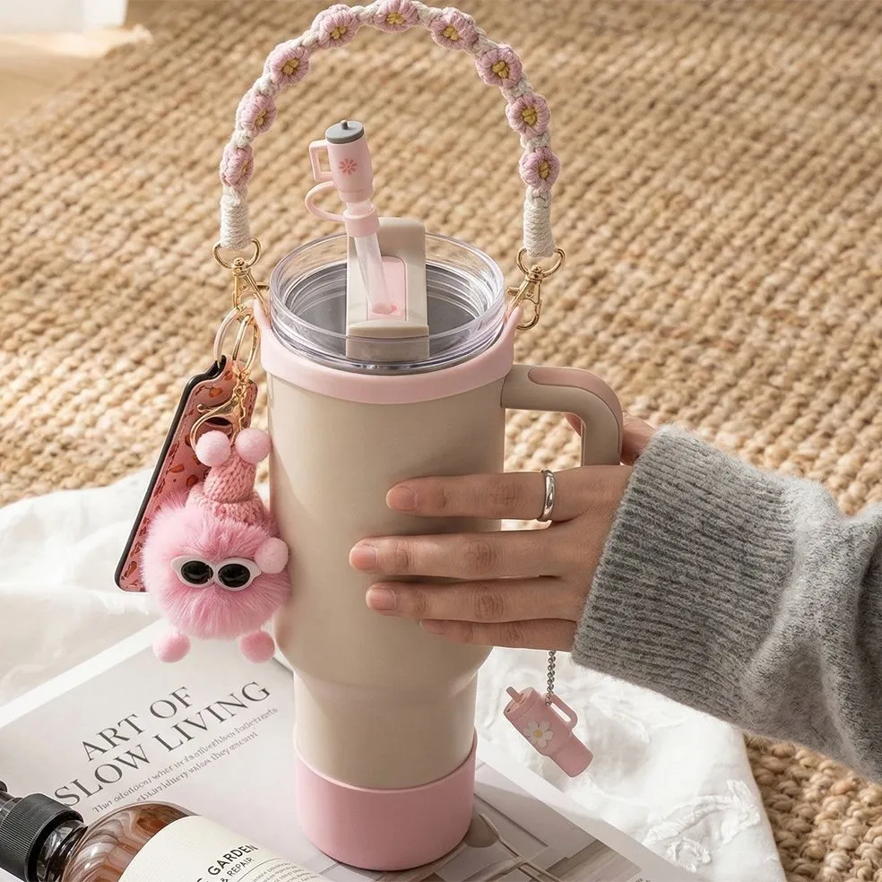 Cross-border 30/40ozins thermos cup accessories 10mm water cup dust cap portable rope hairball cup pendant set