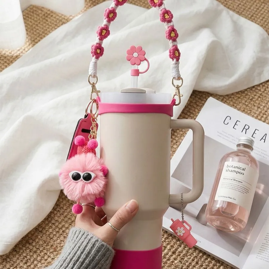 Cross-border 30/40ozins thermos cup accessories 10mm water cup dust cap portable rope hairball cup pendant set – image 5