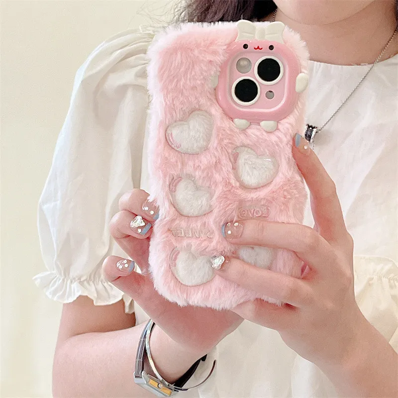 Little Monster Plush Embroidery Heart for iPhone14Promax Apple 15Pro Phone Case Fall Winter 11/16 – image 4