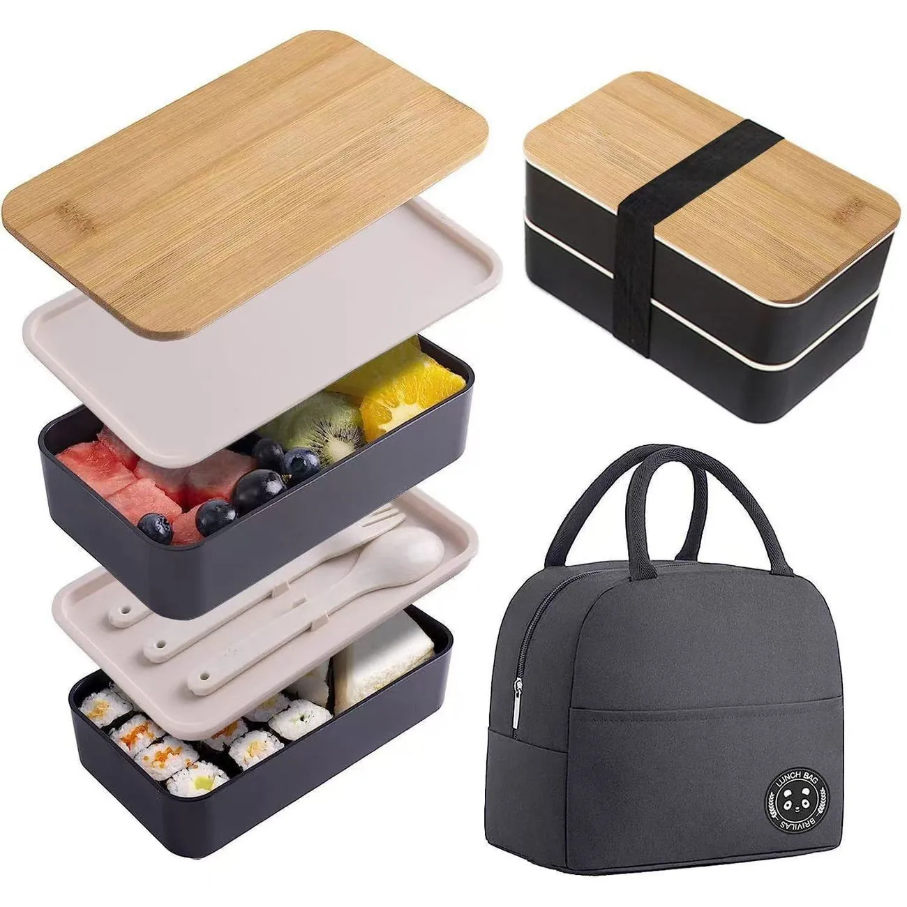New lightweight double-layer lunch box Student travel to work Bamboo lid Square portable lunch box Separate type fresh-keeping lunch box