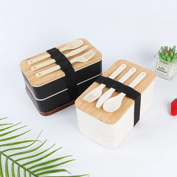 New lightweight double-layer lunch box Student travel to work Bamboo lid Square portable lunch box Separate type fresh-keeping lunch box – image 3