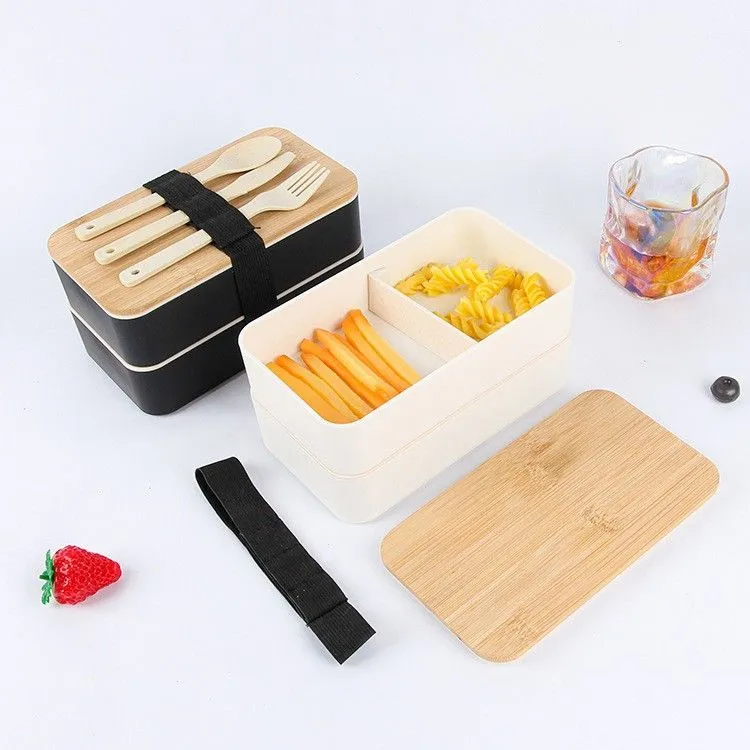 New lightweight double-layer lunch box Student travel to work Bamboo lid Square portable lunch box Separate type fresh-keeping lunch box – image 4