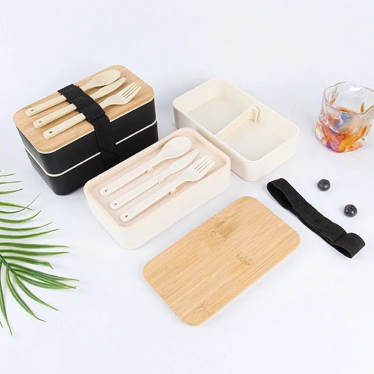 New lightweight double-layer lunch box Student travel to work Bamboo lid Square portable lunch box Separate type fresh-keeping lunch box – image 5