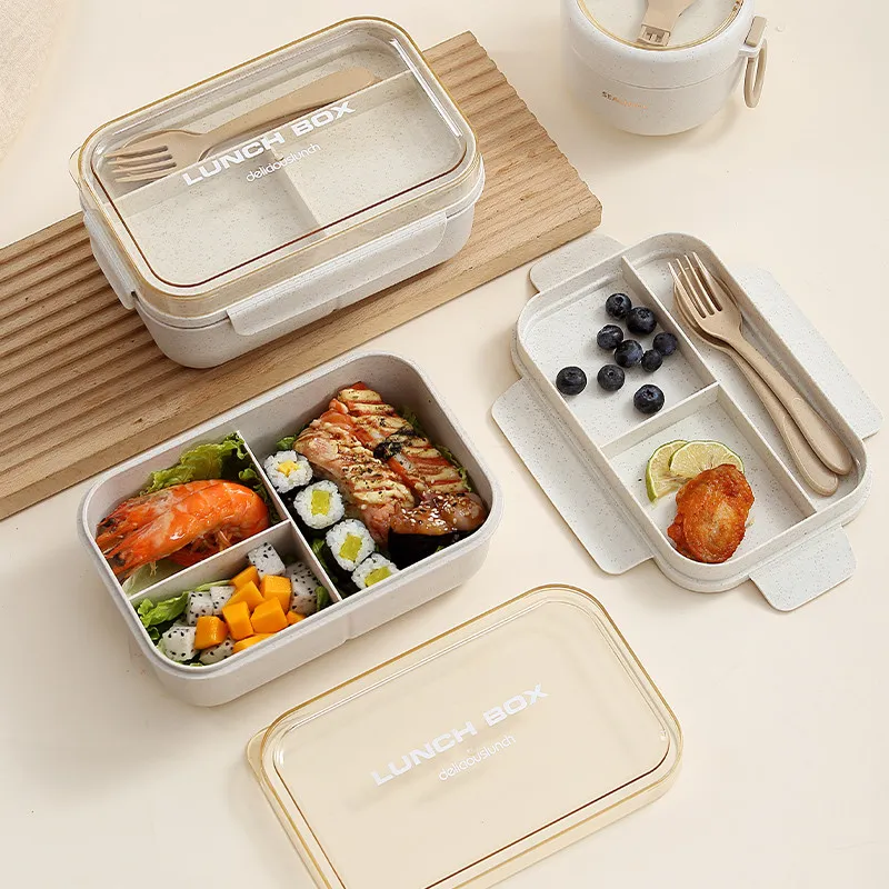 Wheat Straw Lunch Box Microwave Heated Office Worker with Lunch Box Breakfast Soup Cup Light Divided Salad Bento Box – image 2