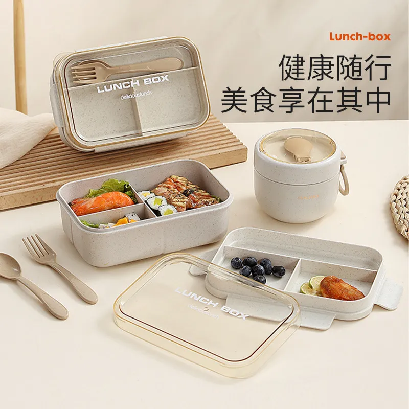 Wheat Straw Lunch Box Microwave Heated Office Worker with Lunch Box Breakfast Soup Cup Light Divided Salad Bento Box – image 4