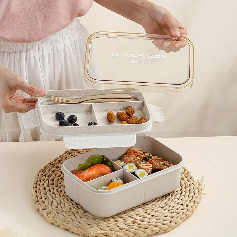 Wheat Straw Lunch Box Microwave Heated Office Worker with Lunch Box Breakfast Soup Cup Light Divided Salad Bento Box – image 5