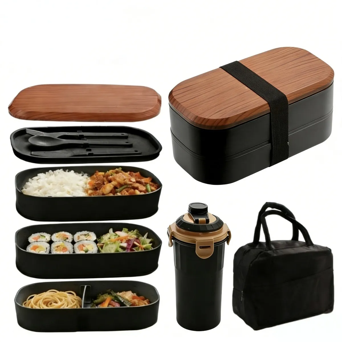 Lunch Box Japanese Wooden Bento Box Lunch Microwave Oven Lattice Sushi Double Layer Student Office Lunch Box Separator – image 2