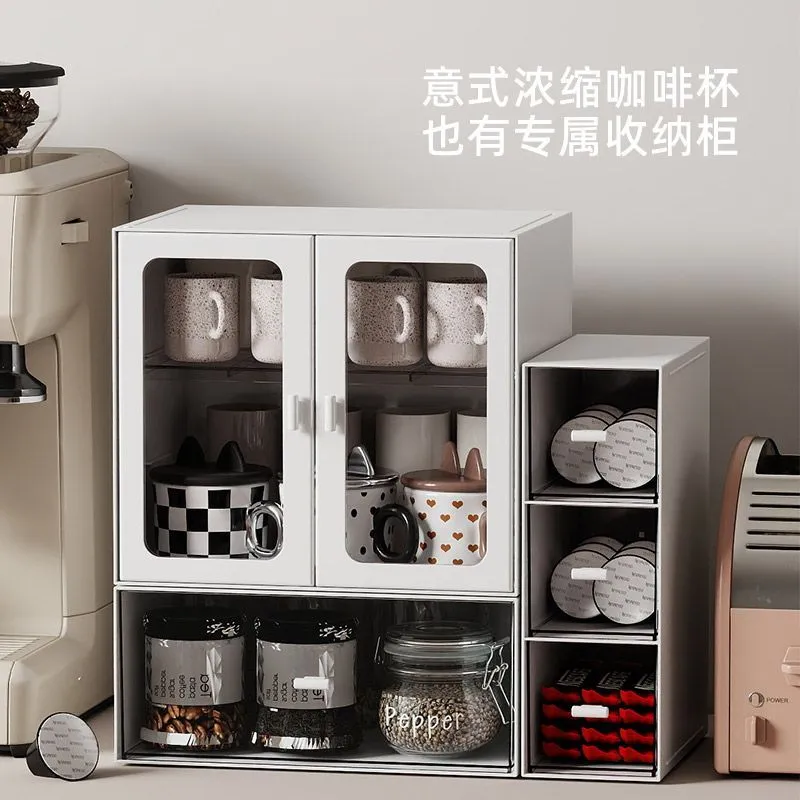 Double Door Simple Stackable Desktop Dustproof Storage Cabinet Mug Coffee Capsule Shelf Dividing Storage Box – image 2