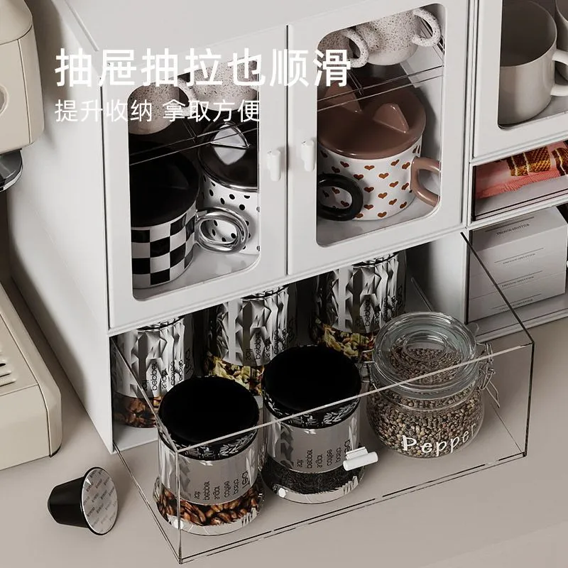 Double Door Simple Stackable Desktop Dustproof Storage Cabinet Mug Coffee Capsule Shelf Dividing Storage Box – image 11