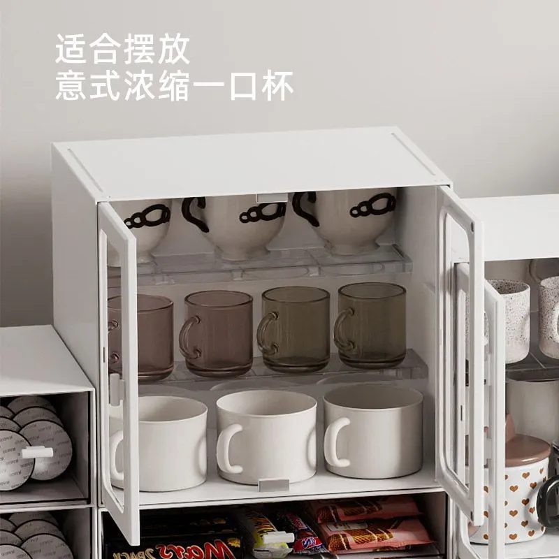 Double Door Simple Stackable Desktop Dustproof Storage Cabinet Mug Coffee Capsule Shelf Dividing Storage Box – image 3