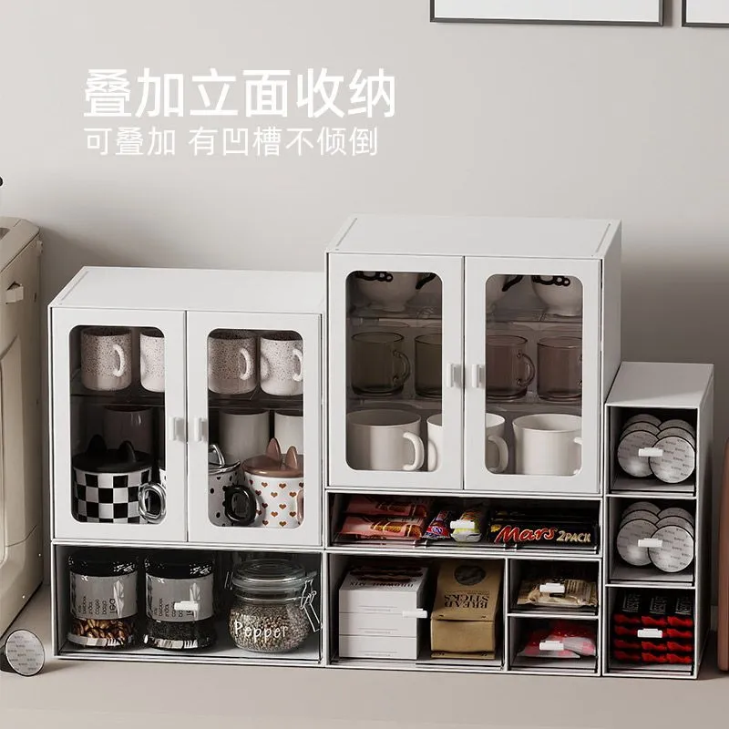 Double Door Simple Stackable Desktop Dustproof Storage Cabinet Mug Coffee Capsule Shelf Dividing Storage Box – image 4