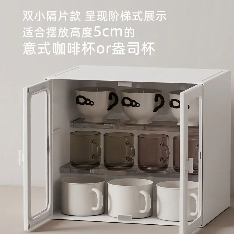 Double Door Simple Stackable Desktop Dustproof Storage Cabinet Mug Coffee Capsule Shelf Dividing Storage Box – image 5
