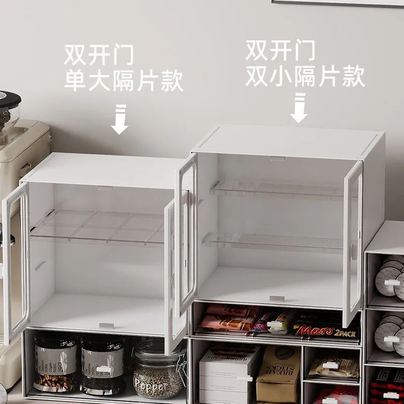 Double Door Simple Stackable Desktop Dustproof Storage Cabinet Mug Coffee Capsule Shelf Dividing Storage Box – image 6