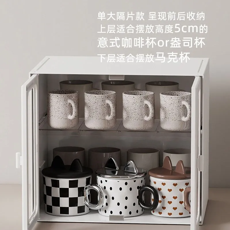Double Door Simple Stackable Desktop Dustproof Storage Cabinet Mug Coffee Capsule Shelf Dividing Storage Box – image 7