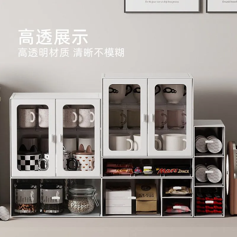 Double Door Simple Stackable Desktop Dustproof Storage Cabinet Mug Coffee Capsule Shelf Dividing Storage Box – image 8