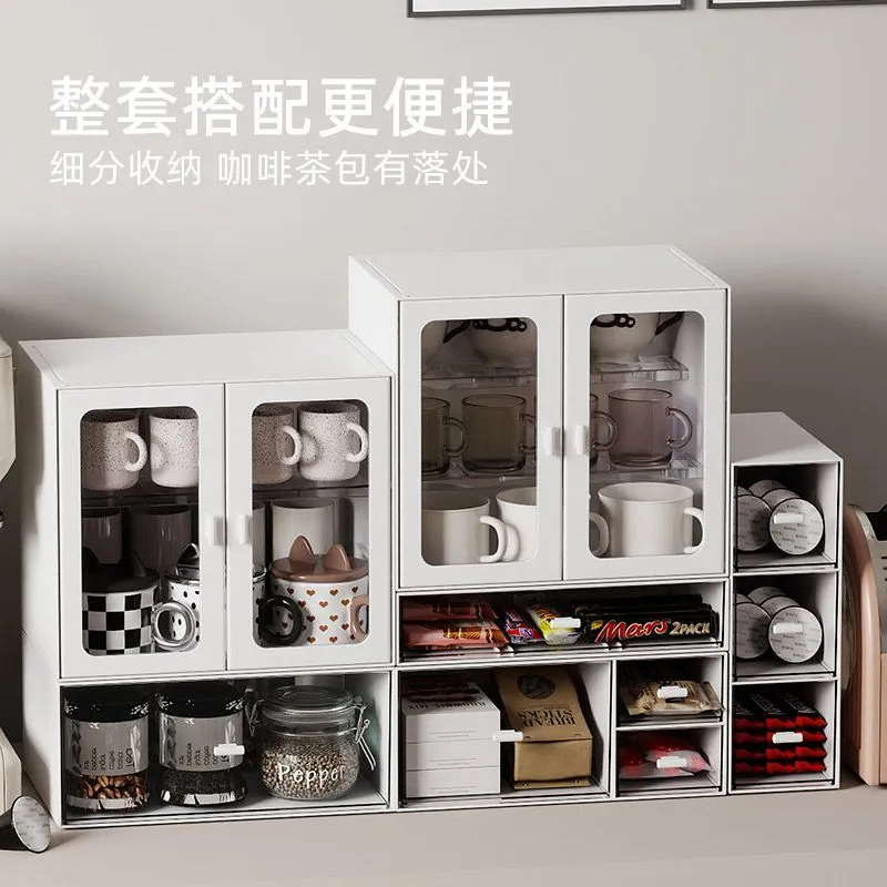 Double Door Simple Stackable Desktop Dustproof Storage Cabinet Mug Coffee Capsule Shelf Dividing Storage Box – image 10