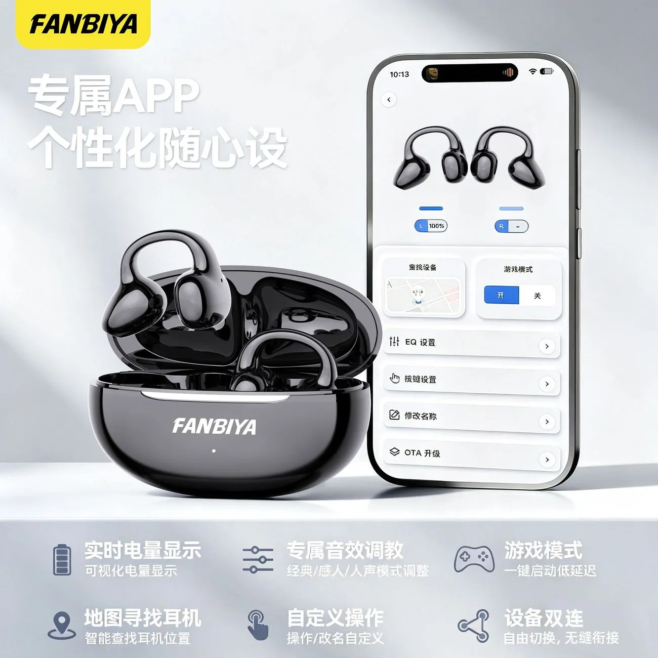 [FANBIYA] Smart app Ear Clip Bluetooth Headset EQ Sound Regulation Game Fitness Noise Reduction Long Range A15A – image 8