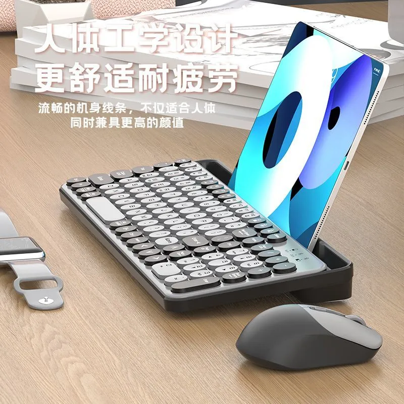 bluetooth wireless keyboard mouse set vintage round keys high face value mobile phone tablet universal mute apple girl – image 5