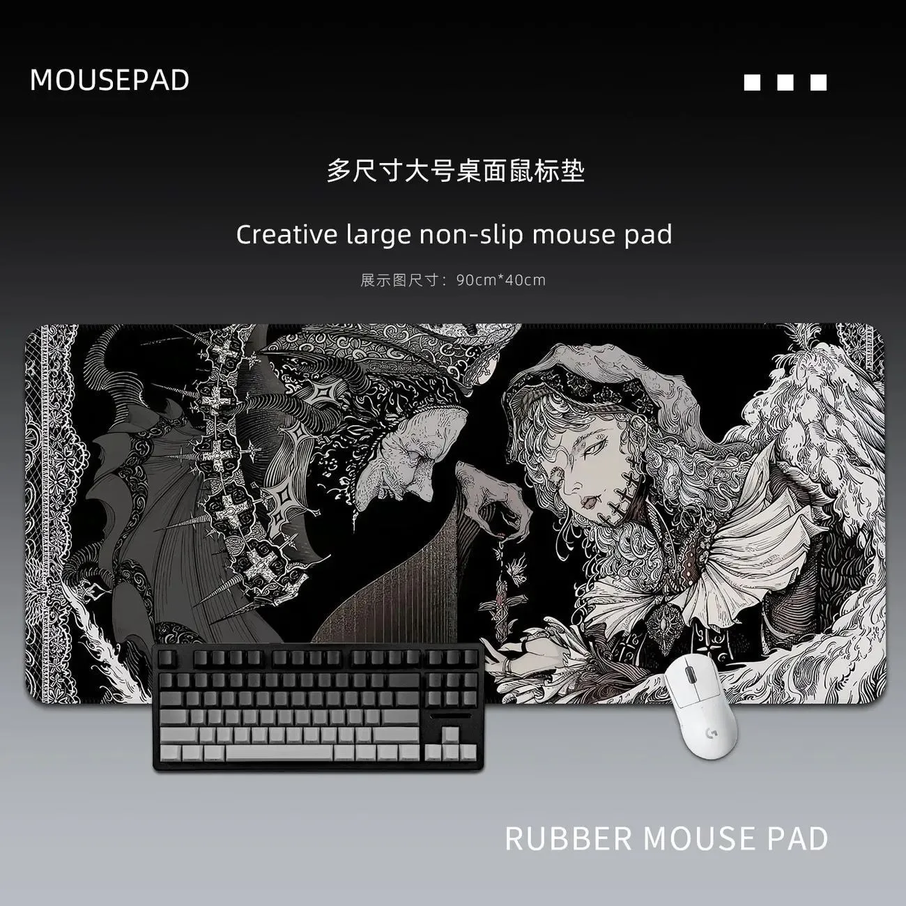 ins Black Angel Mouse Pads Gothic Desk Pads for FPS Extra Large Desktop Keyboard Pads Game Non-slip Desk Pads – image 3