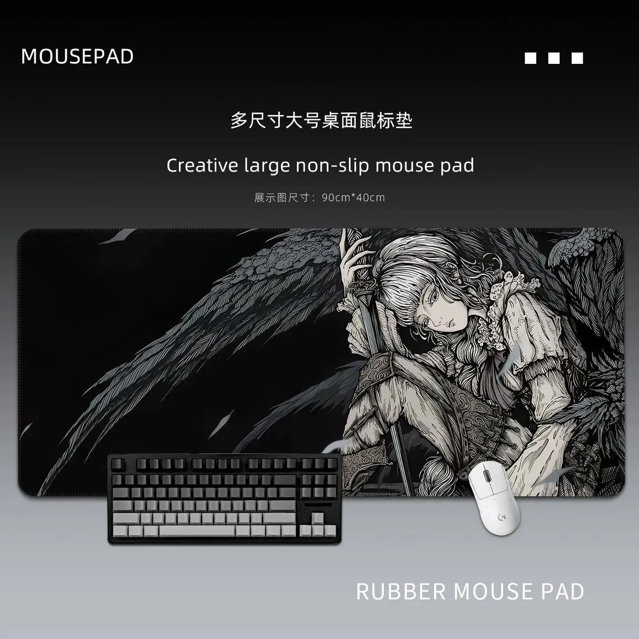ins Black Angel Mouse Pads Gothic Desk Pads for FPS Extra Large Desktop Keyboard Pads Game Non-slip Desk Pads – image 9
