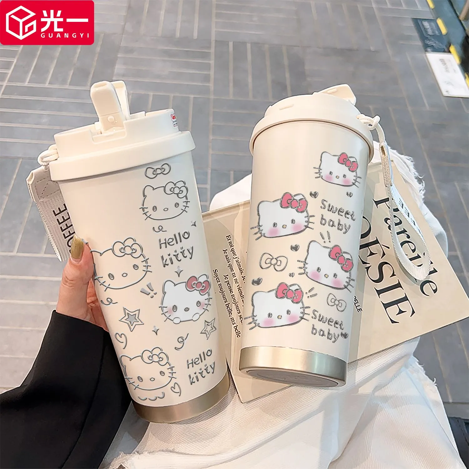 Katie Cute Cat Thermos Cup Straw Large Capacity Stainless Steel Male and Female Student Portable Cold Coffee Double Drinking Cup