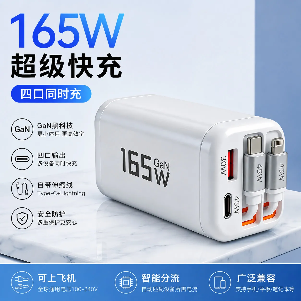 165W Gallium Nitride Four Port Super Fast Charger for iPhone 17 Android Phone Travel Flash Charger