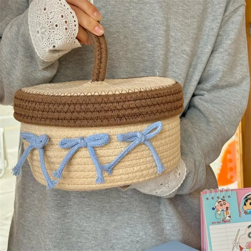 Cute bow * ins cotton yarn woven storage basket household tabletop sundries snacks storage basket with lid storage basket – image 2