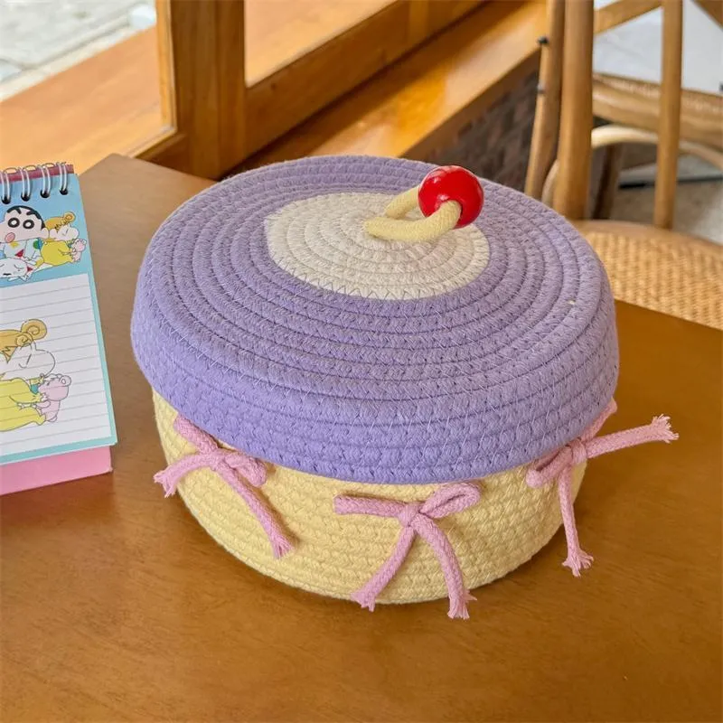 Cute bow * ins cotton yarn woven storage basket household tabletop sundries snacks storage basket with lid storage basket – image 11