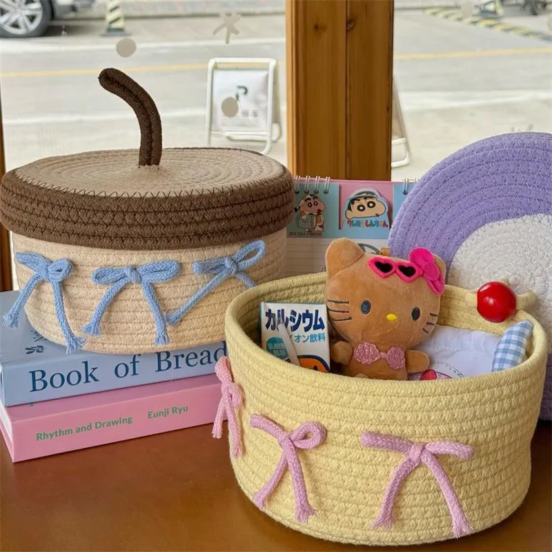 Cute bow * ins cotton yarn woven storage basket household tabletop sundries snacks storage basket with lid storage basket – image 3