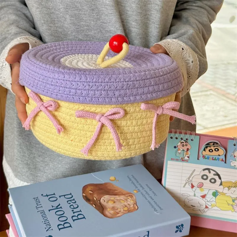 Cute bow * ins cotton yarn woven storage basket household tabletop sundries snacks storage basket with lid storage basket – image 4