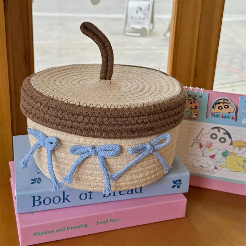 Cute bow * ins cotton yarn woven storage basket household tabletop sundries snacks storage basket with lid storage basket – image 5