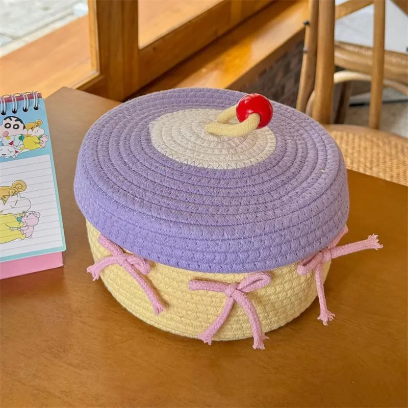Cute bow * ins cotton yarn woven storage basket household tabletop sundries snacks storage basket with lid storage basket – image 7